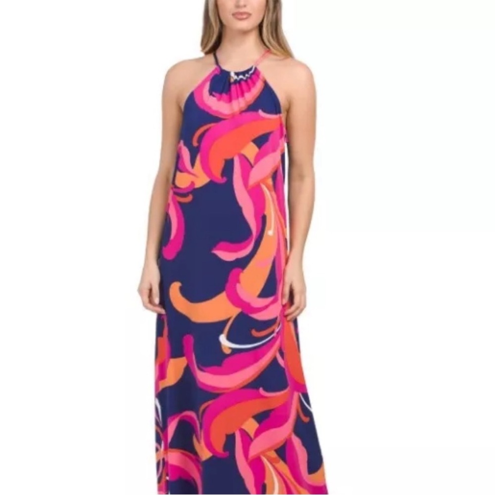 NEW Trina Turk Womens Halter Maxi Dress Navy Pink‎ Orange Abstract Swirl Print